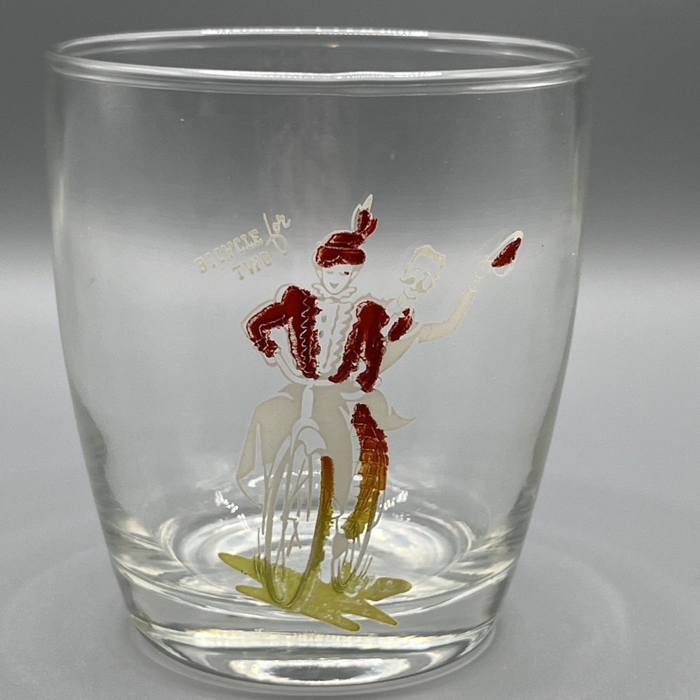 Vintage Barware Rocks Glass‎ 'Bicycle For Two' Gay 90's Low Ball Replacement